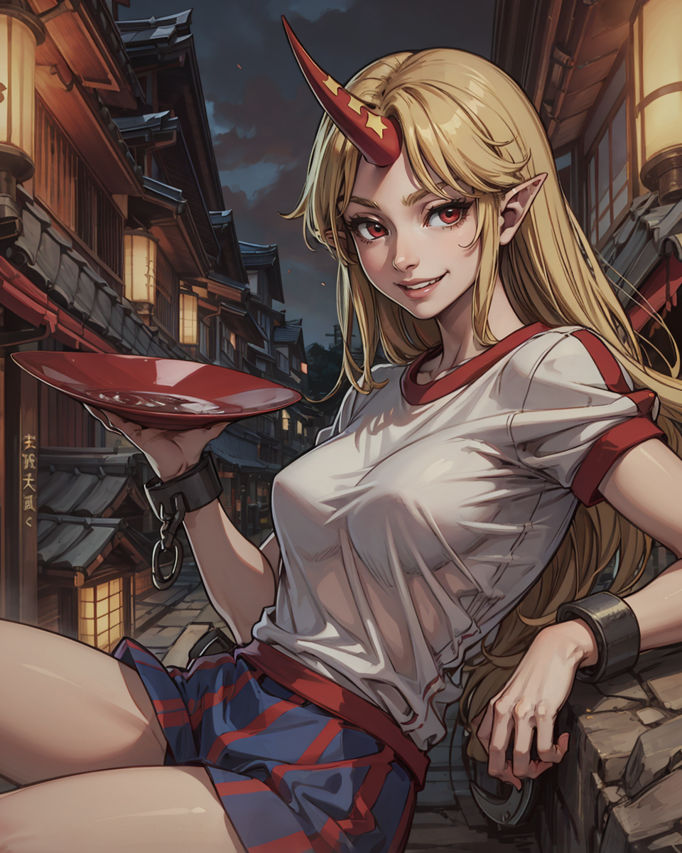 00964-1573521889-_lora_HoshigumaYuugi_1_,hoshiguma yuugi, 1girl,single horn, pointy ears, blonde hair, long hair,red eyes,shackles ,white shirt,s.png